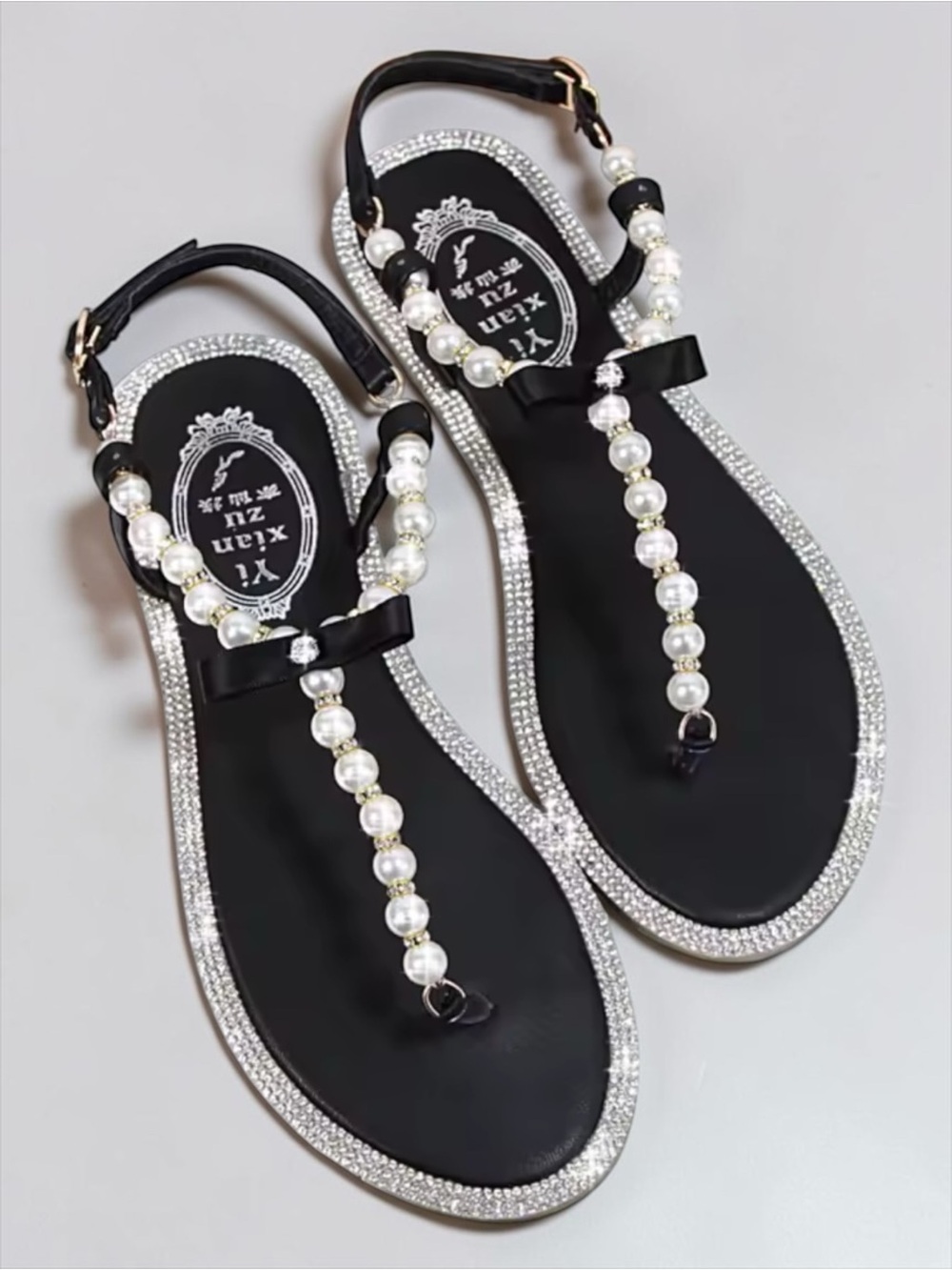 Pearl Rhinestone T Strap Sandals Black Flat Ankle Strap NWT Size 8